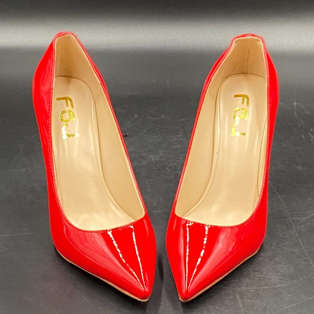 FSJ Red Bridal Pointed Toe Chunky Block Low Heel Crystal Pump - Picture 3 of 9